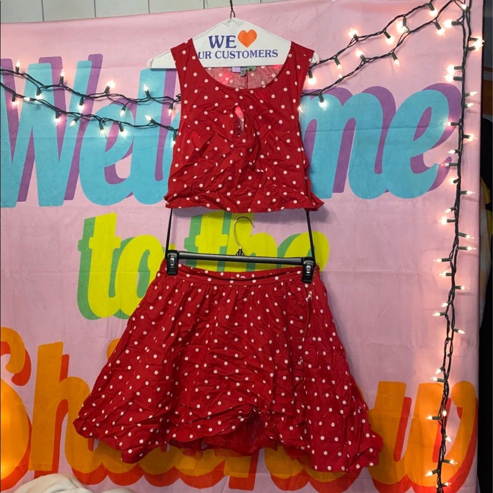 Red and White Poka Dot 2 Piece Top & Skirt Set